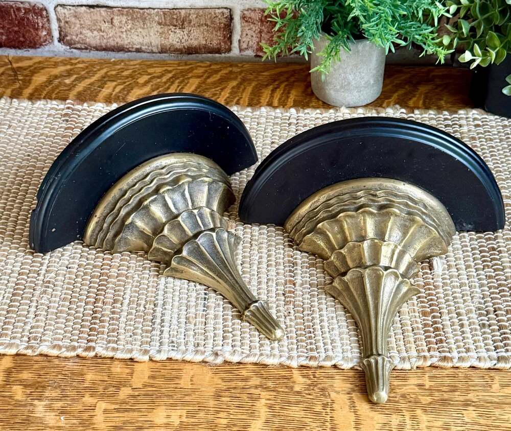 Brass Shell Wall Shelves Set of 2 | Hollywood Regency Black Wood Sconces